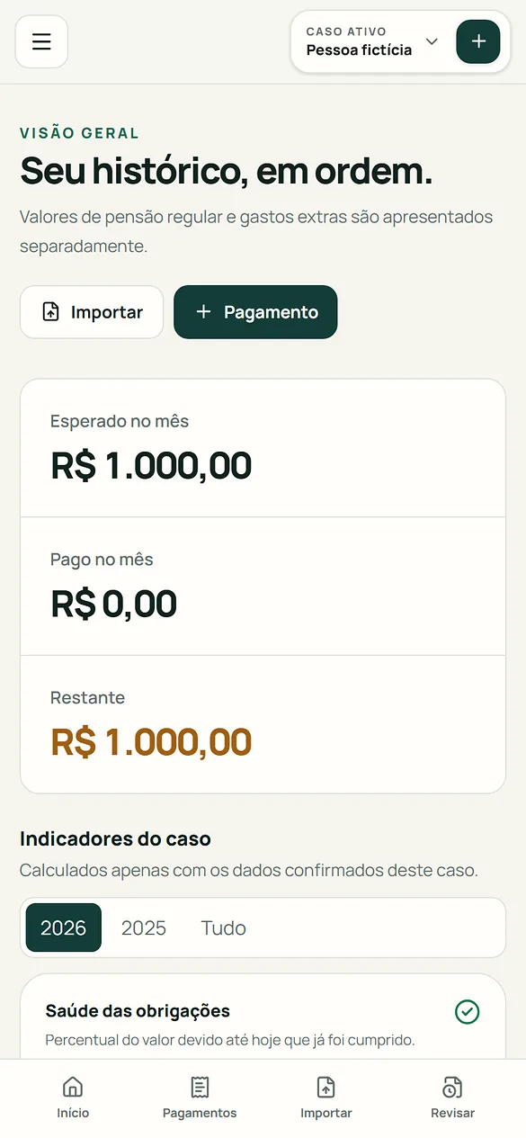 Demonstração animada do Pensão Paga lendo um comprovante fictício e preenchendo data e valor